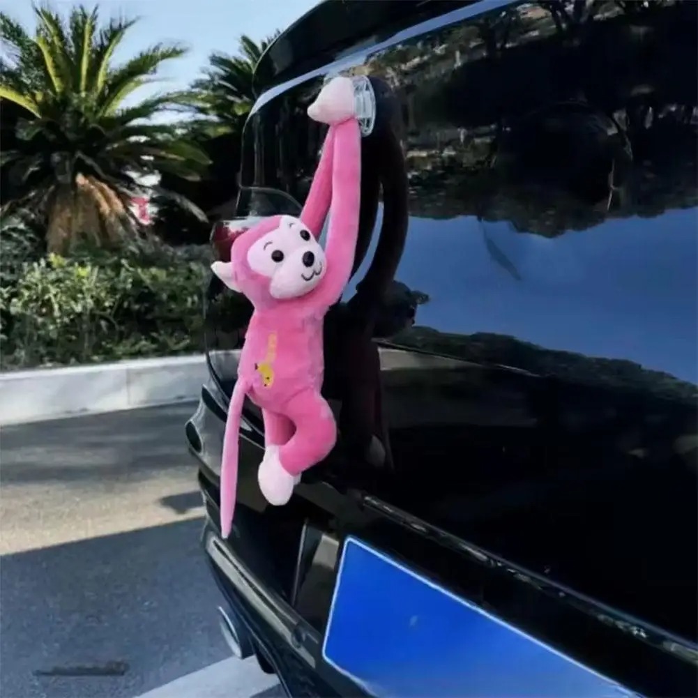Pink monkey ornament on the outside of a car